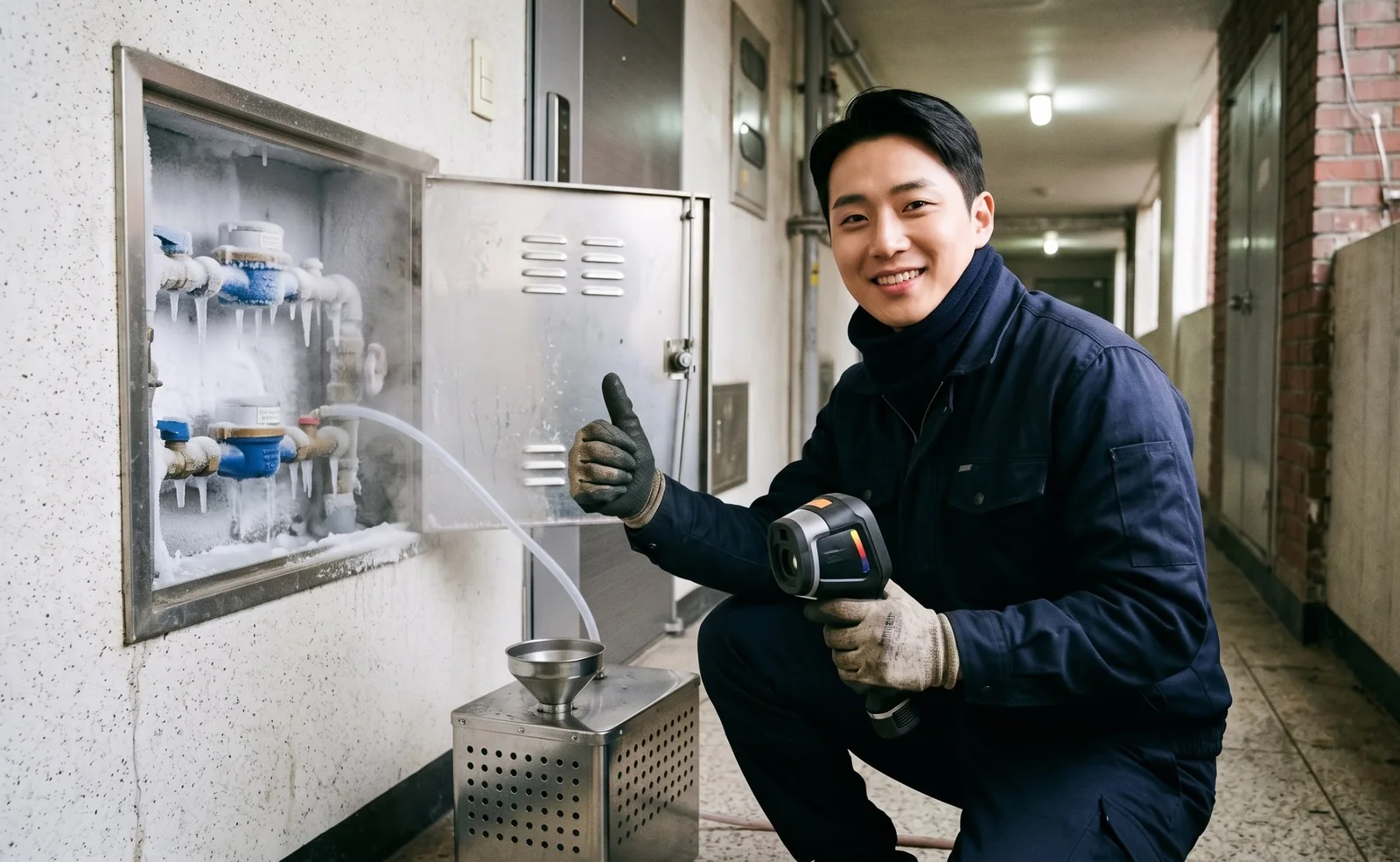 서울 서북·도심권 얼어붙은 계량기함 앞에서 스팀해빙기와 열화상카메라를 든 기술자